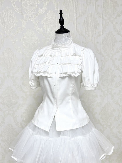 【4月18日予約締切】ダークゴシックロリータスタンドカラーパフスリーブラッフルシャツ（ロングスリーブ付き）