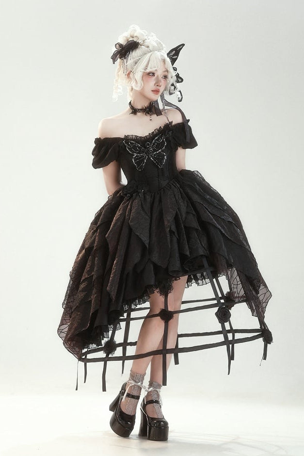 【10月28日予約締切】Black Butterfly Gothic Lolita Puff Sleeve Dress Top + Layered Ruffle Asymmetrical Hem Skirt Set (With Chest Brooch + Waist Brooch)