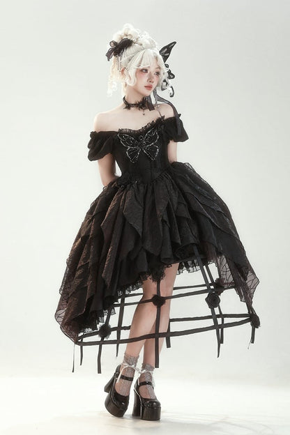【10月28日予約締切】Black Butterfly Gothic Lolita Puff Sleeve Dress Top + Layered Ruffle Asymmetrical Hem Skirt Set (With Chest Brooch + Waist Brooch)