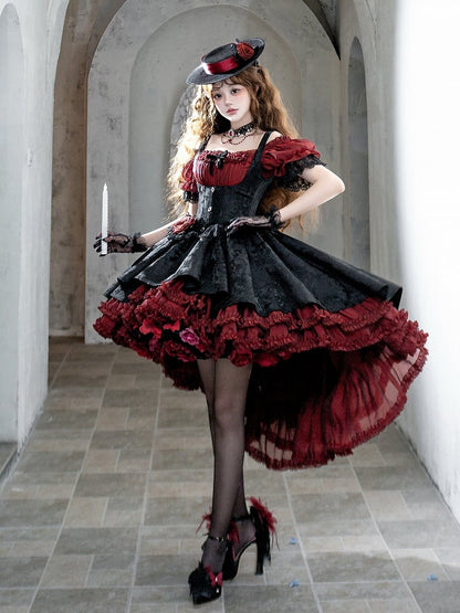 【4月28日预售截止】红蓝×黑色优雅哥特洛丽塔束身胸衣叠层JSK连衣裙+露肩蕾丝泡泡袖上衣