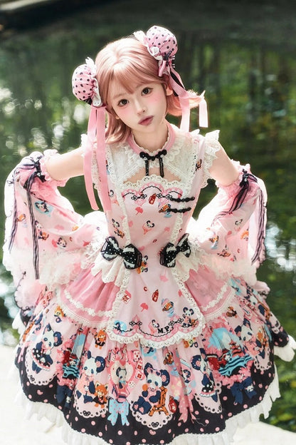 [Pre-order Deadline: October 25] Pink/Green Chinoiserie Lolita Sweet Panda Print Flutter Sleeve Lace Trim Dress + Detachable Flared Sleeves + Leg Covers