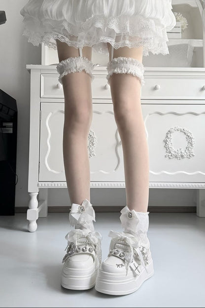 【10月6日予約締切】White/Pink/Black Rhinestone Buckle Lace Cross Charm Ribbon Chunky Sneakers