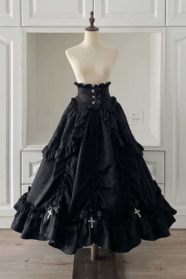 [Dec. 6 pre-order deadline] Cross Nocturne Gothic Dark Stripe Layered Top + Cross Rose Stripe Pull-Up Skirt