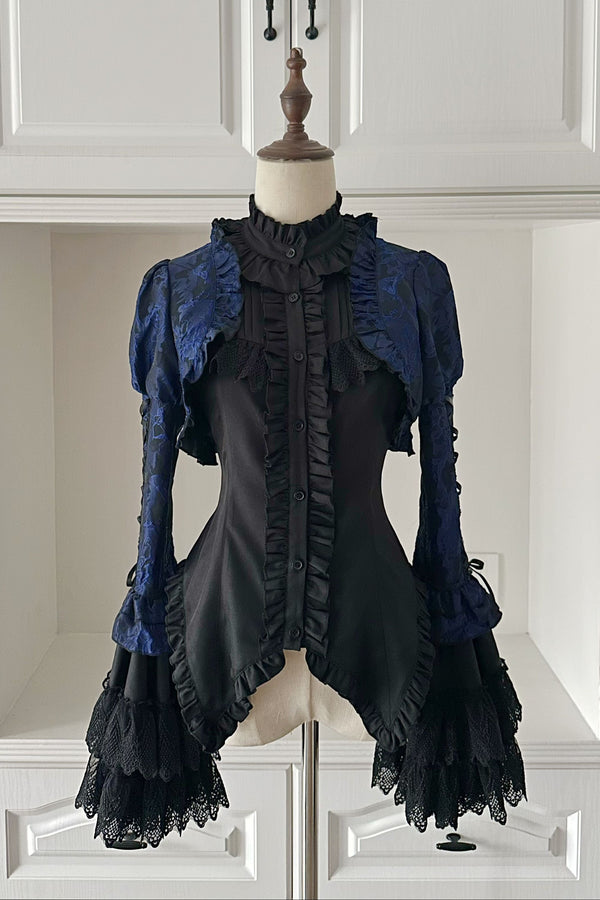 [Dec. 6 pre-order deadline] Cross Nocturne Gothic Dark Stripe Layered Top + Cross Rose Stripe Pull-Up Skirt