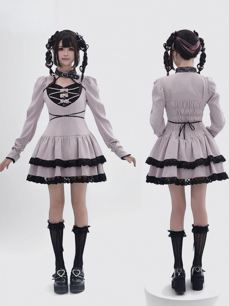 [Reservierungsschluss 28. September] Pink x Schwarz/Grau x Schwarz Gothic-Kleid mit herzförmigem Ausschnitt, Gürtelkragen, Spitzenbesatz und Schleifendetail