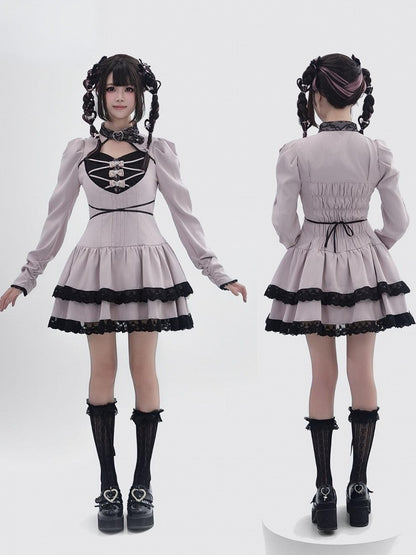 [Reservierungsschluss 28. September] Pink x Schwarz/Grau x Schwarz Gothic-Kleid mit herzförmigem Ausschnitt, Gürtelkragen, Spitzenbesatz und Schleifendetail