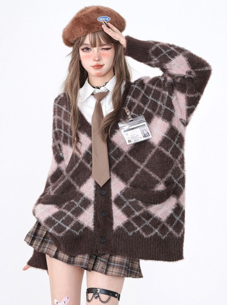 Retro Fur Argyle Cardigan