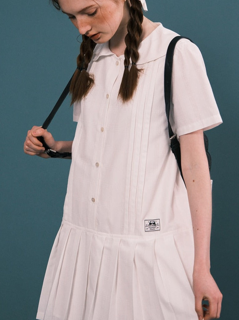 Loose Doll Color Pleated Shirt Dress