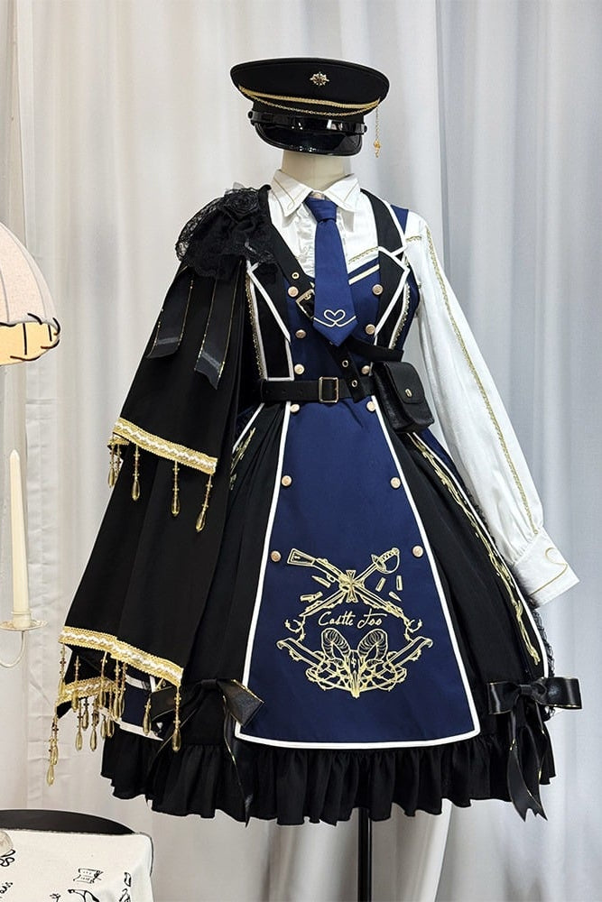 【6月28日予約締切】レッドブラック/ブルーブラックダークロリータゴールドエンブロイダリーテーラーカラーJKSドレス＋ネクタイ＋ウエストバッグ付きベルト