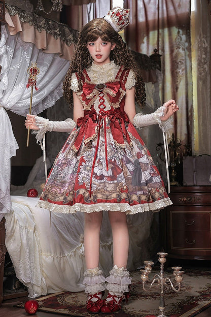 [Date limite de précommande : 7 août] Ensemble complet robe JKS vintage rouge à imprimé lapin histoire avec ruban antique + chemise à volants + manchettes lacées