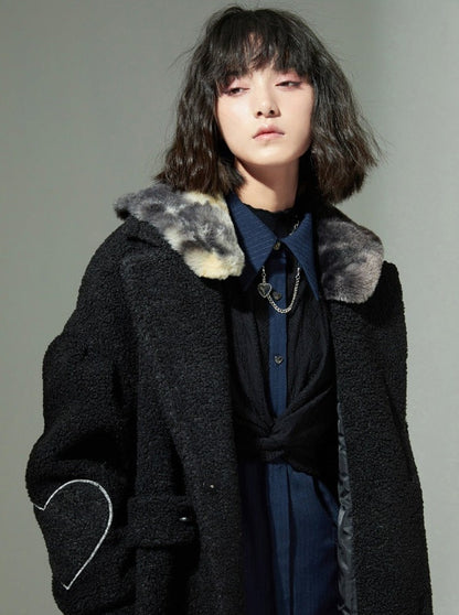 Black Fur Collar Polar Fleece Mid Length Lamb Wool Coat