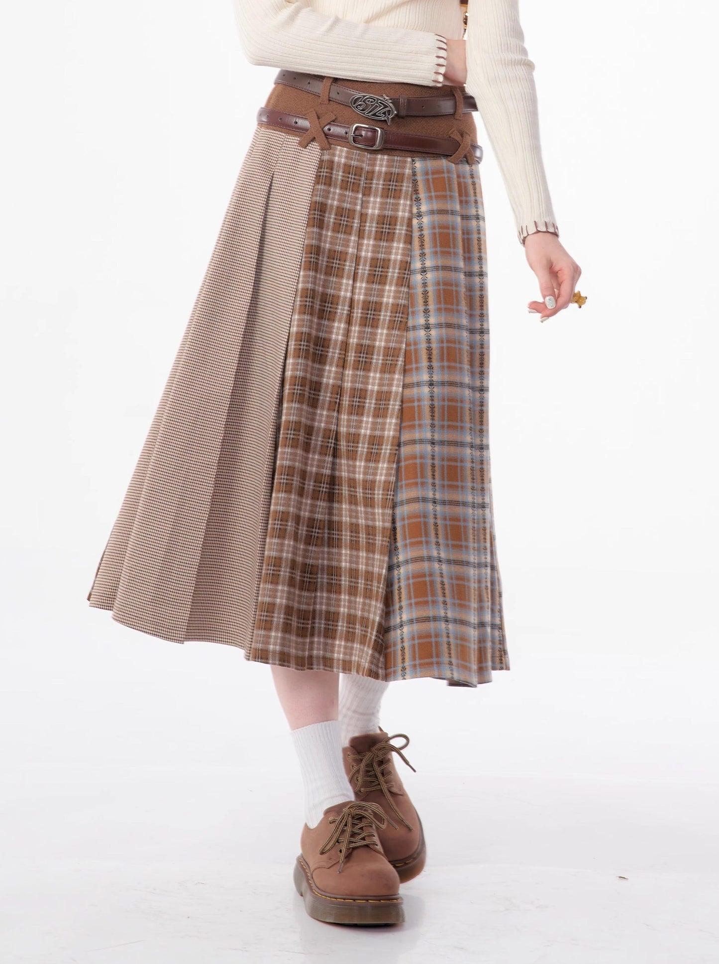 Check Asymmetrical Wool Pleated Skirt