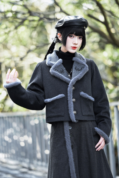 Retro mode fur short jacket + skirt