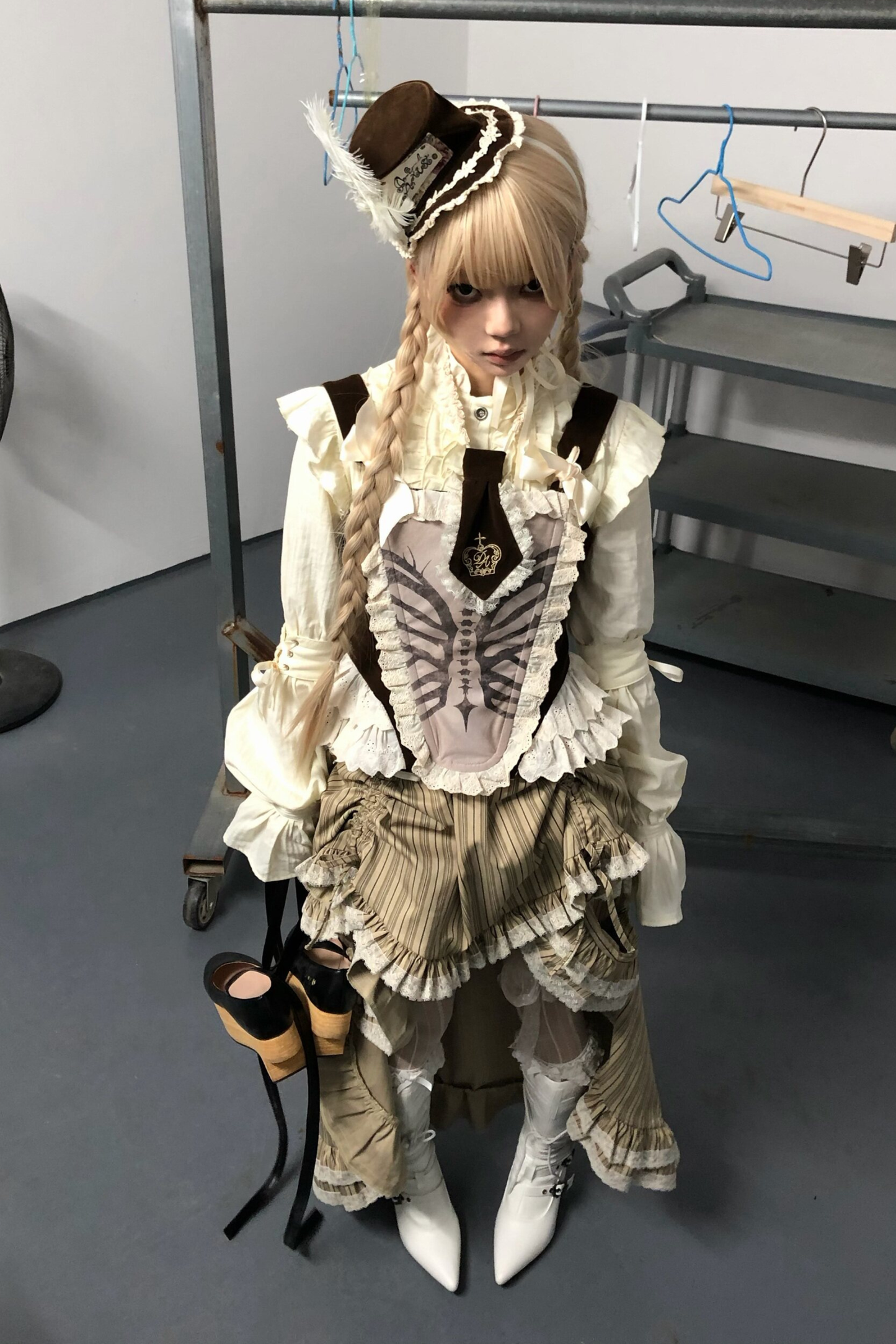 스트라이프 레이스 티어드 스커트