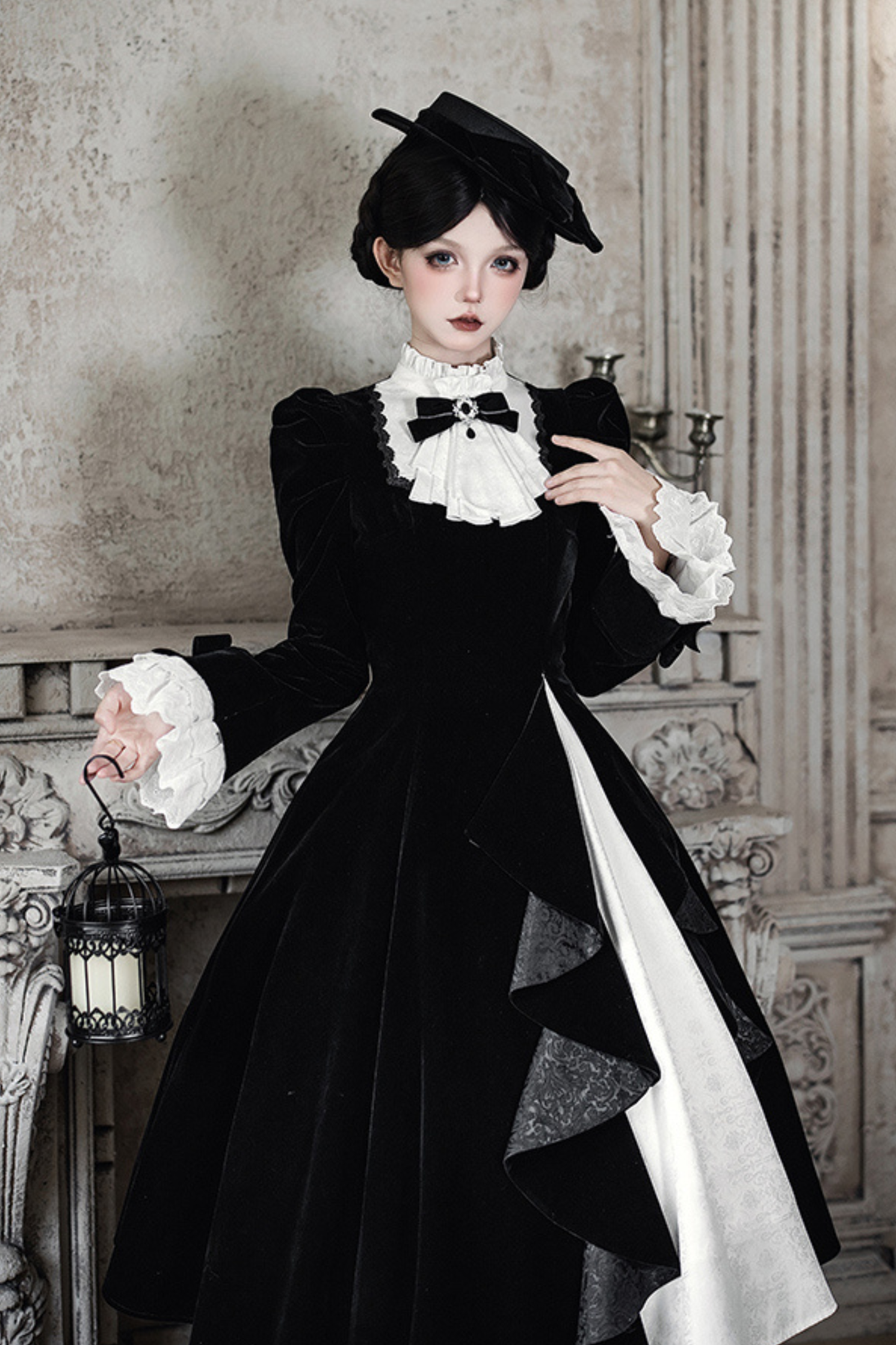 エレガントスリムコントラストカラーツインドレス+カラー+リボン+ブローチ+ハット