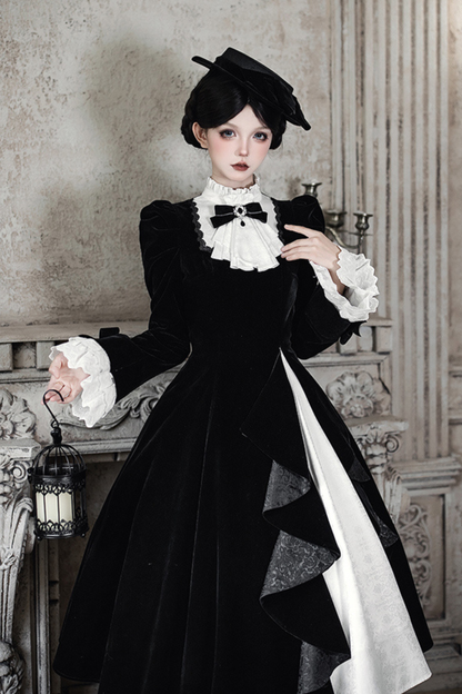 エレガントスリムコントラストカラーツインドレス+カラー+リボン+ブローチ+ハット