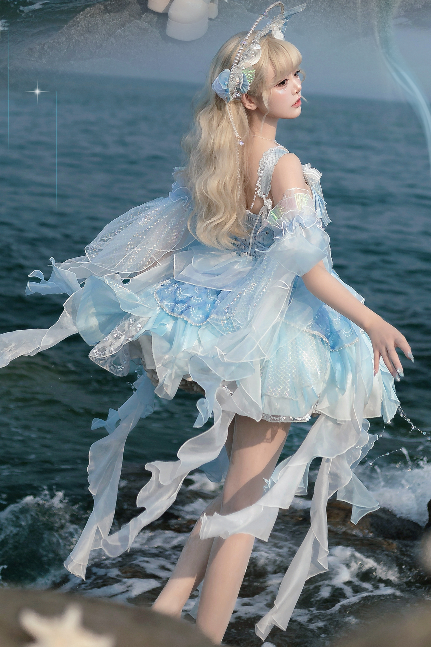 Mermaid Chiffon Lolita Dress + Crown + Headband + Sleeves