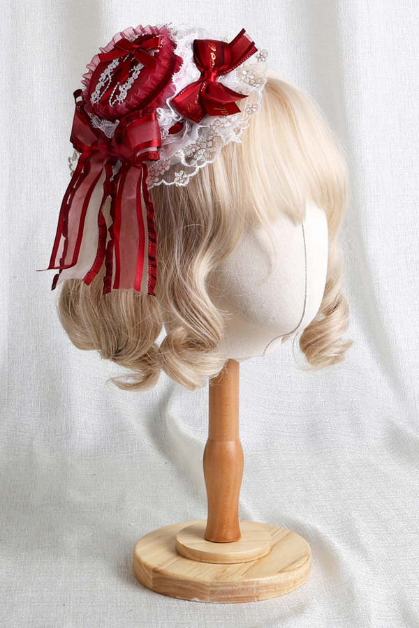 ローズレースロリータボンネット+ハット+ヘアバンド+クリップハット+クラウン