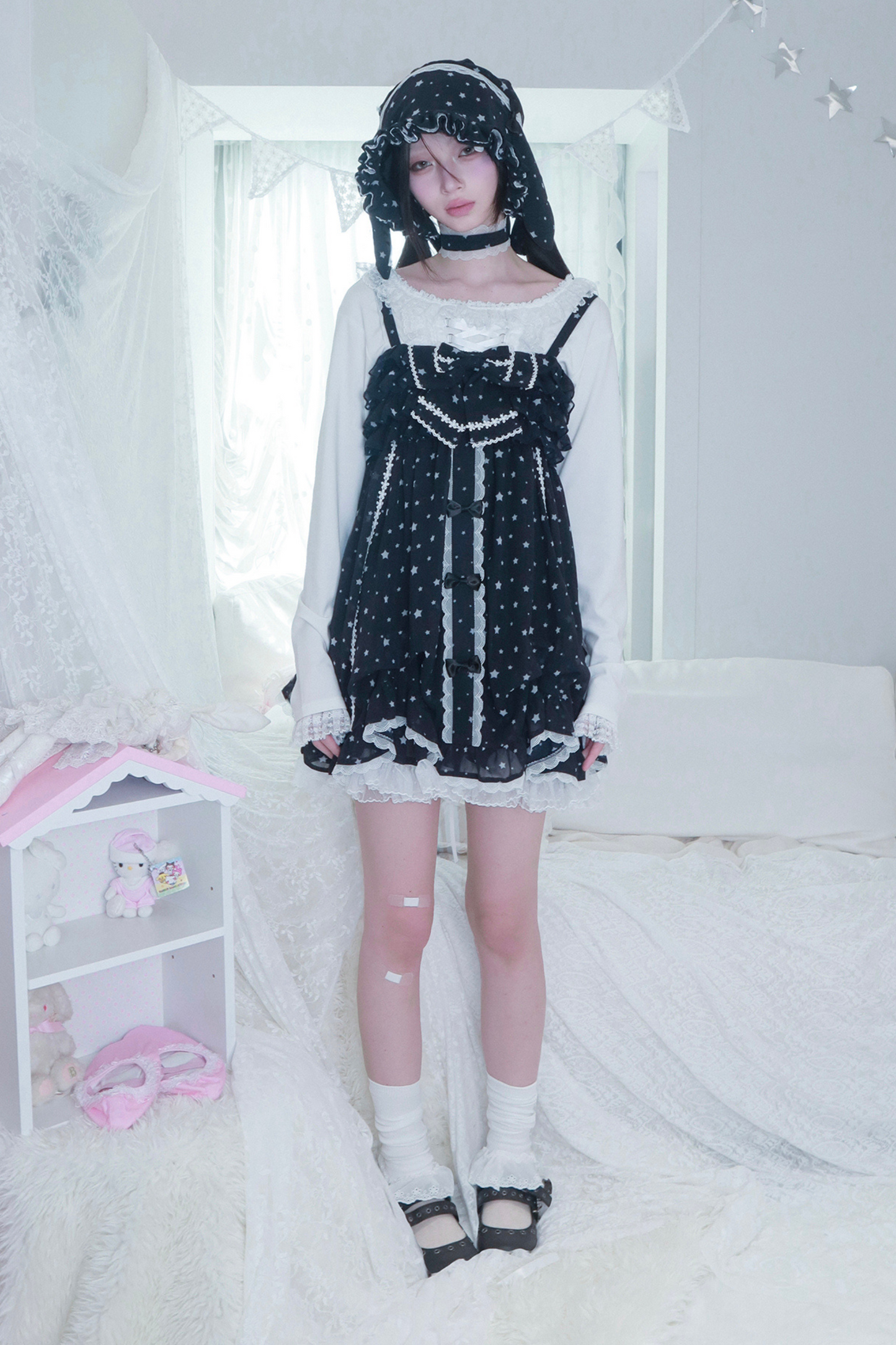 ドットシフォンサンドレス+ラビットハット