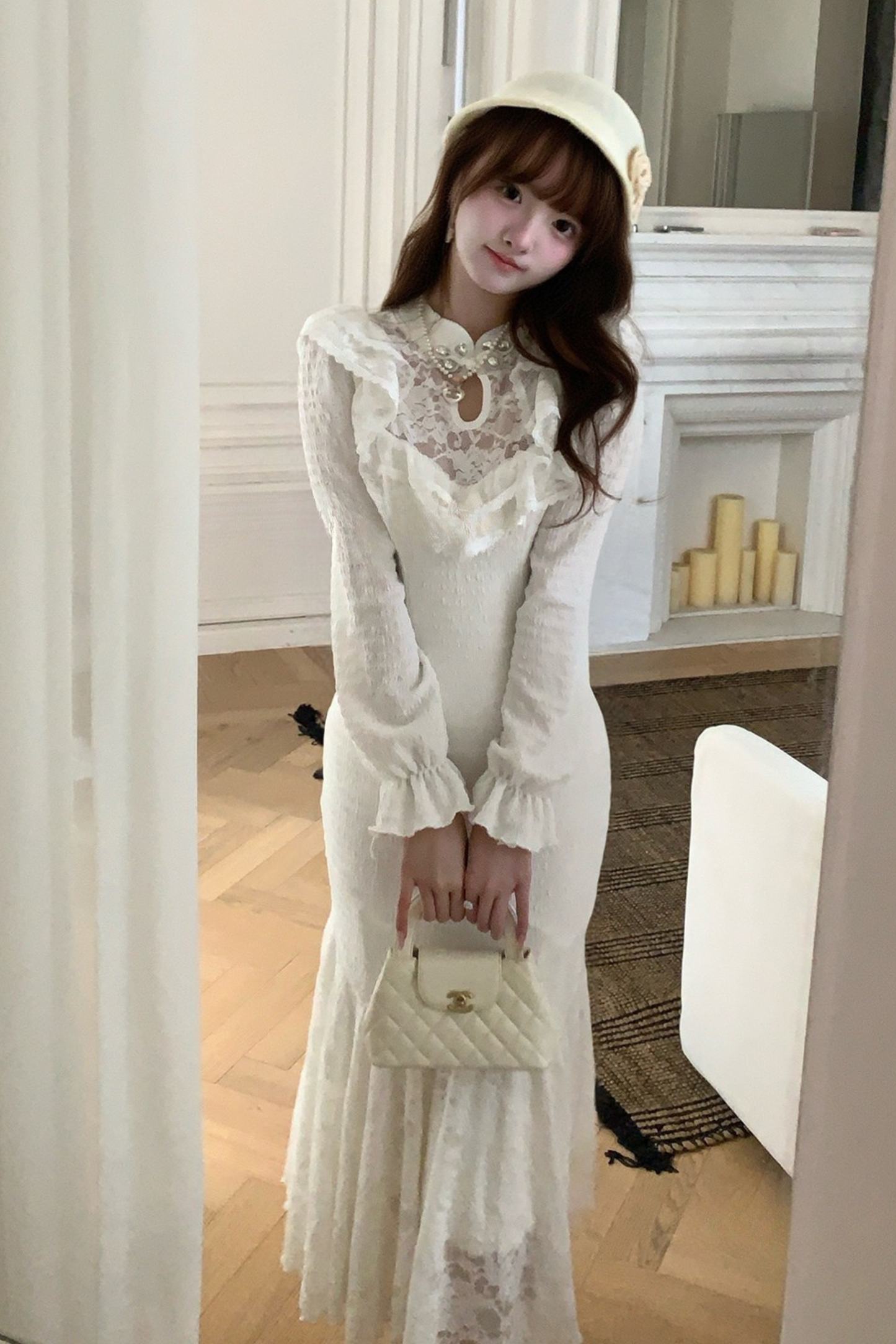 パフスリーブニットレースワンピース