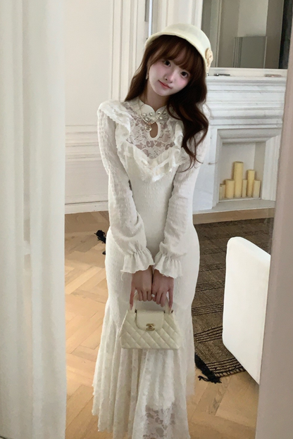 パフスリーブニットレースワンピース