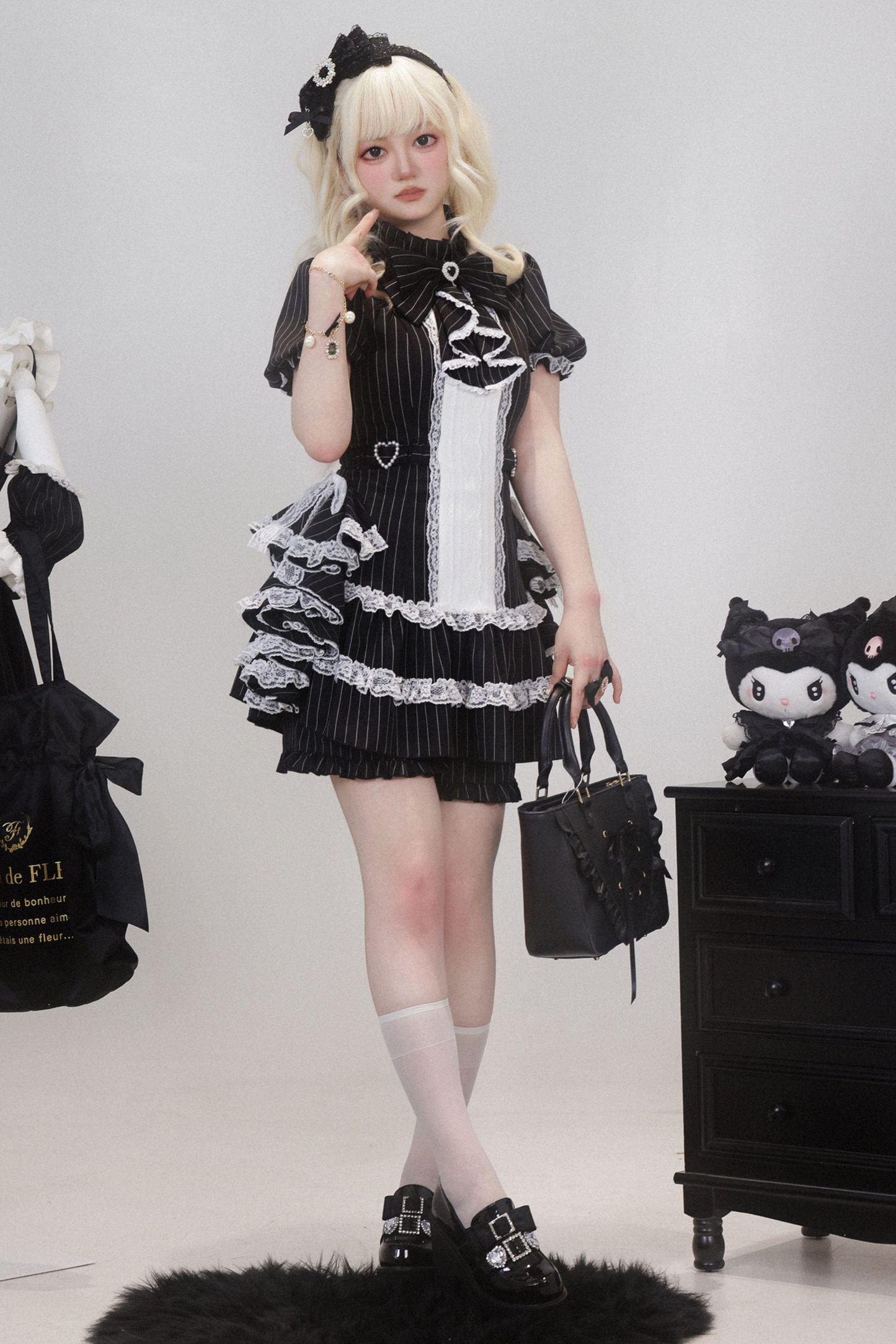 パフスリーブエレガントゴシックスタイルトップス+パンツ