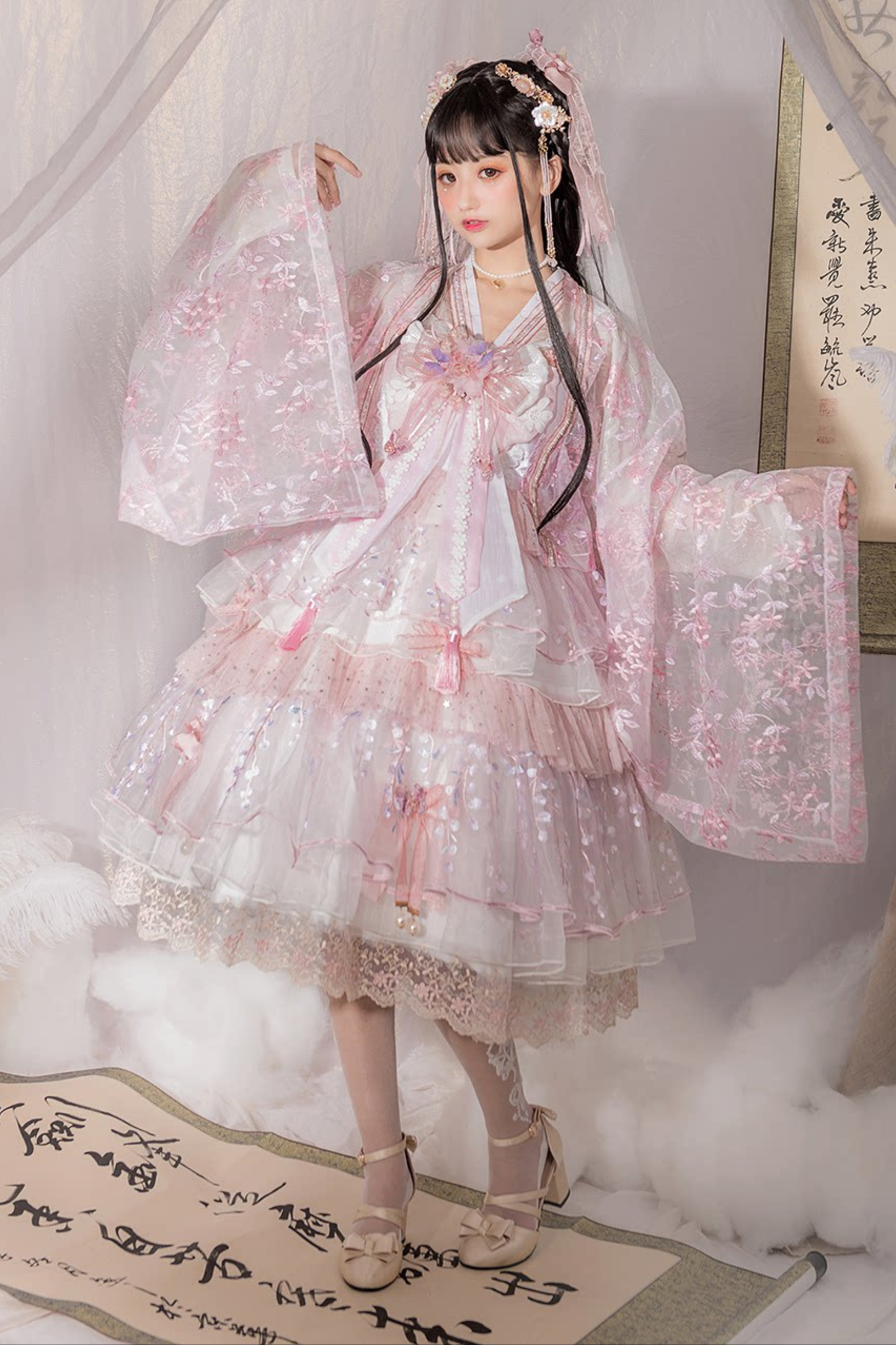 사쿠라 스위트 차이나 로리타 셔츠 + 목걸이 + 리본 + 베일 + 클립