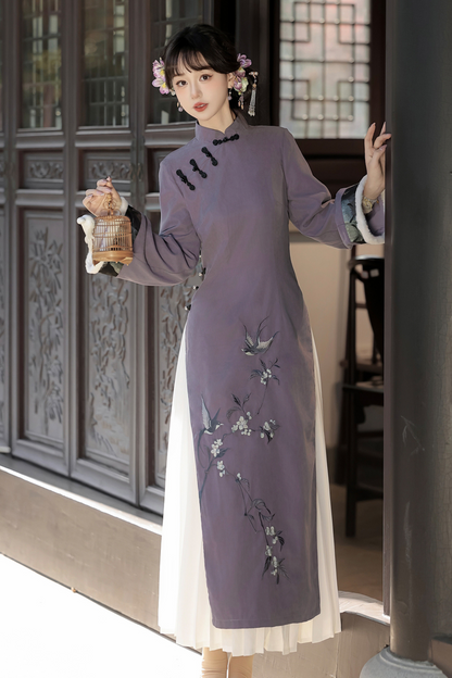 Retro China Dark Long Dress + China Shawl + Skirt