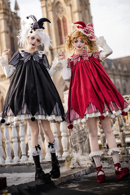 ドールサーカスピエロロリータドレス+カチューシャ+ベルト+リボン+カチューシャ+バッフル