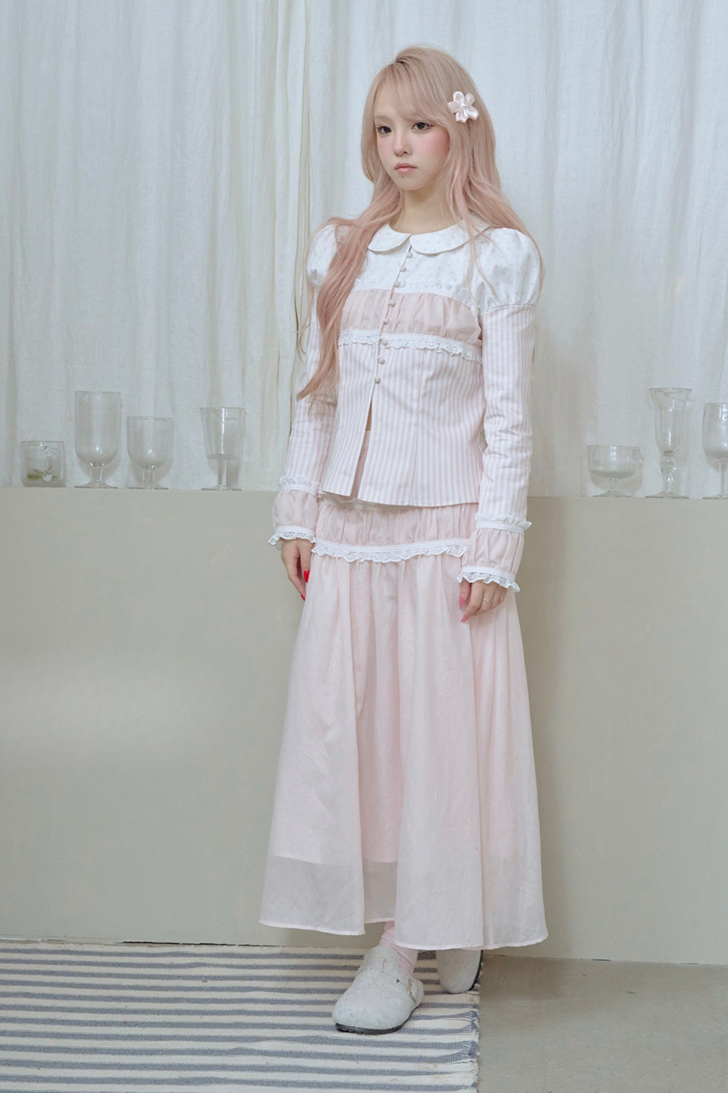 ストライプドールカラーパフスリーブシャツ