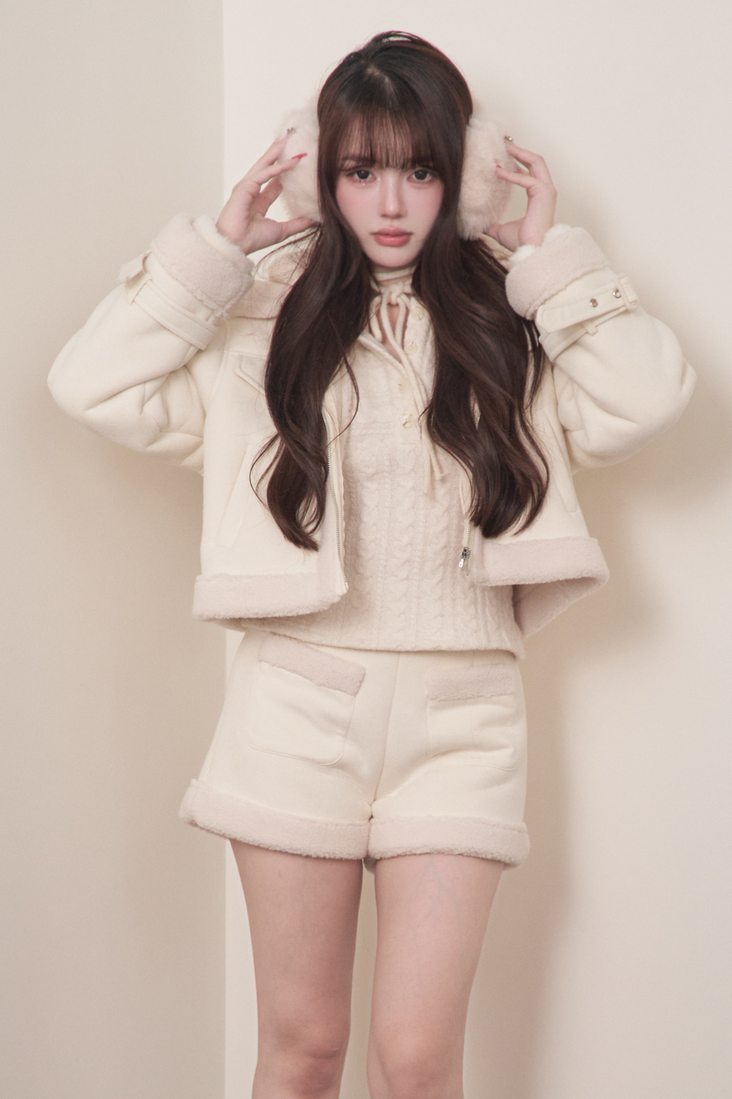 ファーショートコート+ショートパンツ