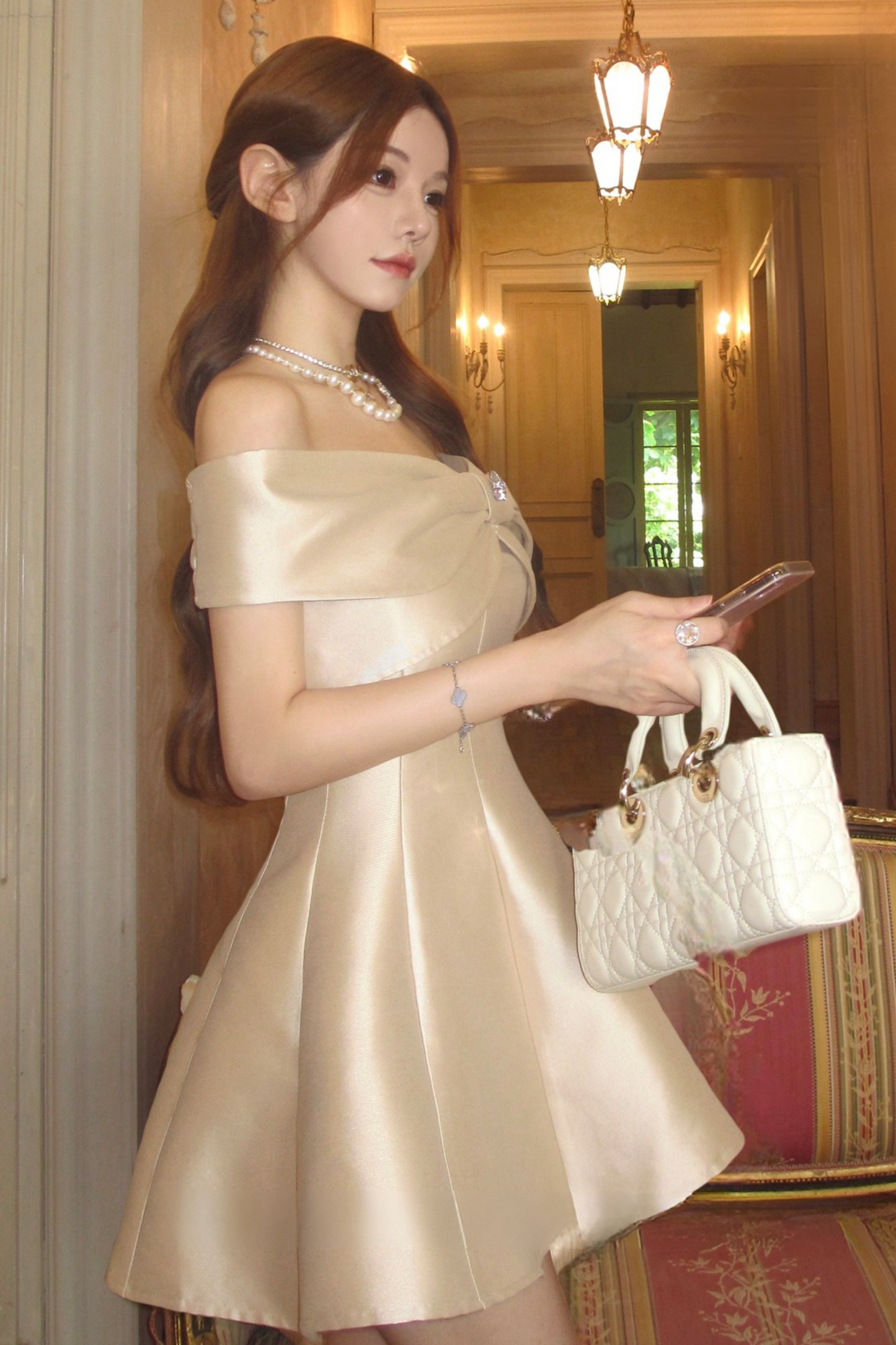 オフショルダーリボンショートフレアドレス＋ロングフレアドレス