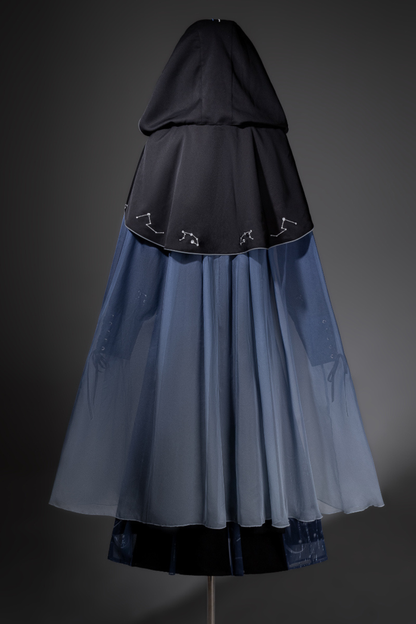 Dark china hooded top + belt + cape + necklace + skirt