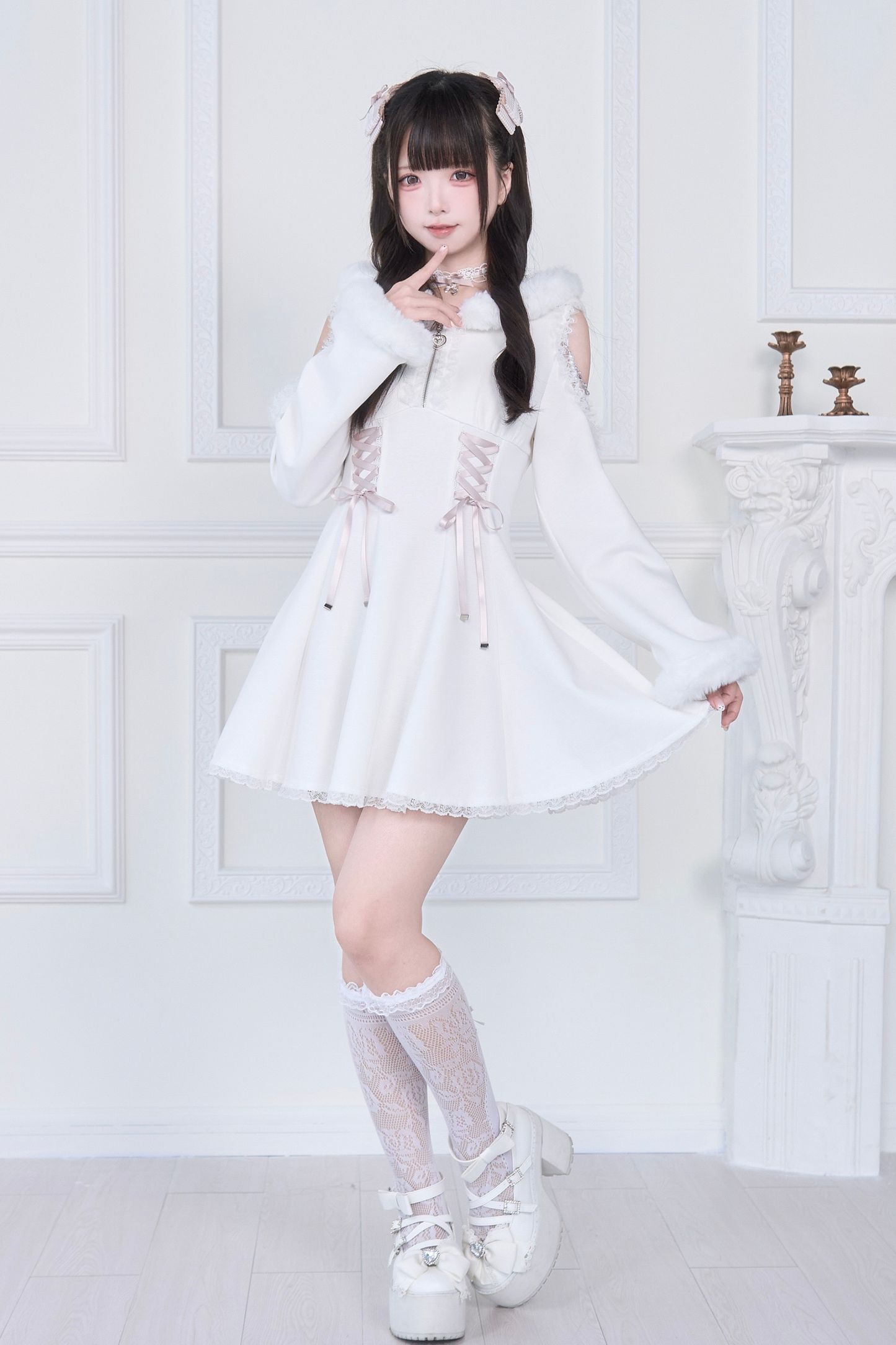 Lace-up Off-the-shoulder Fur Hooded Dress