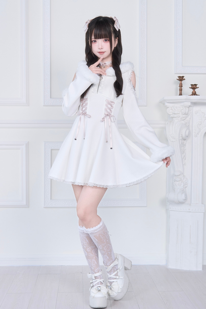 Lace-up Off-the-shoulder Fur Hooded Dress