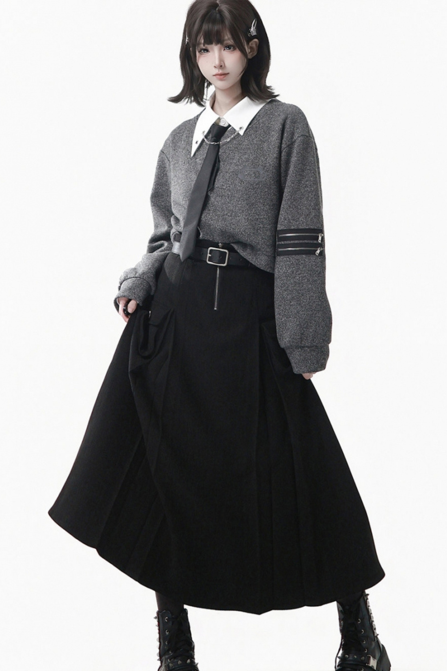 グレーウィンタープレッピーカレッジロングトップス+ショートトップス+スカート+パンツ+シャツ