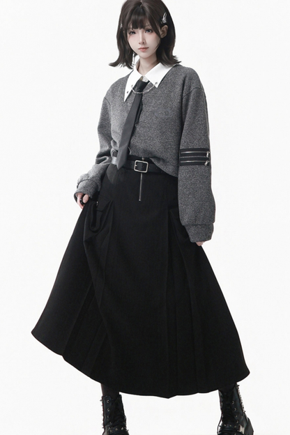 グレーウィンタープレッピーカレッジロングトップス+ショートトップス+スカート+パンツ+シャツ