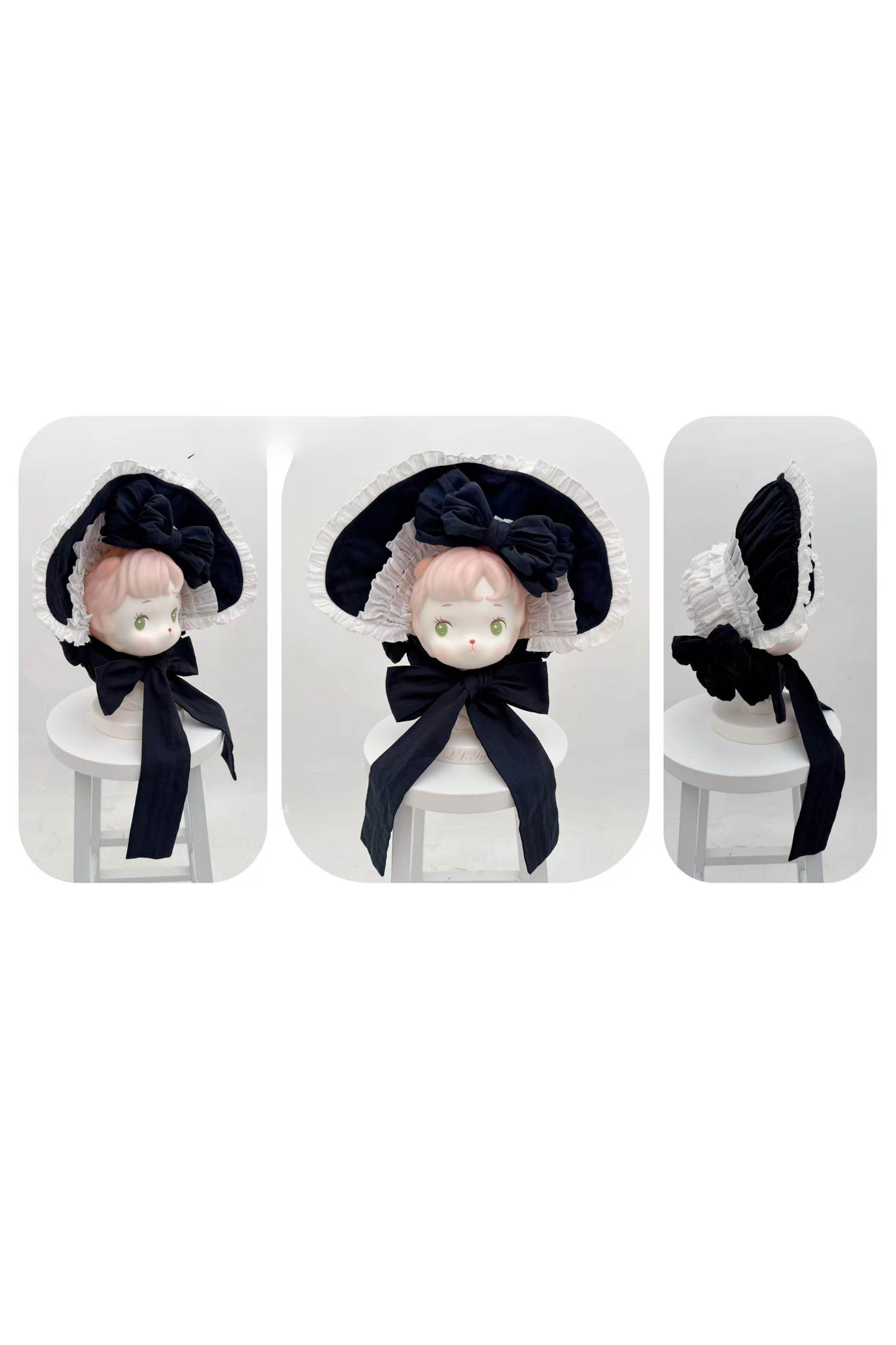 モノクロドールロリータドレス+カチューシャ+ボンネット+クリップ