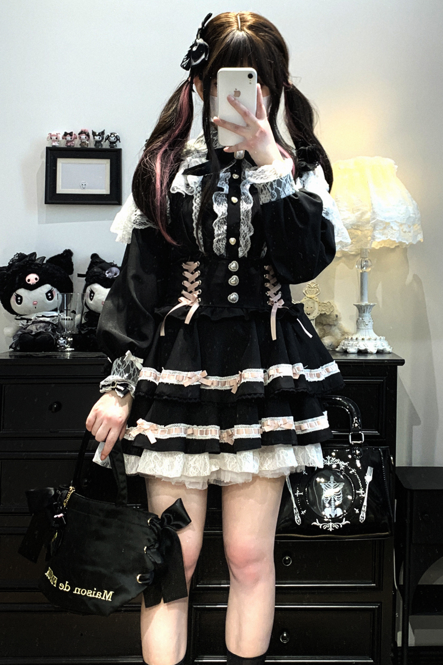 [Pre-order item] Frilled Ribbon Lace-up Suspender Skirt