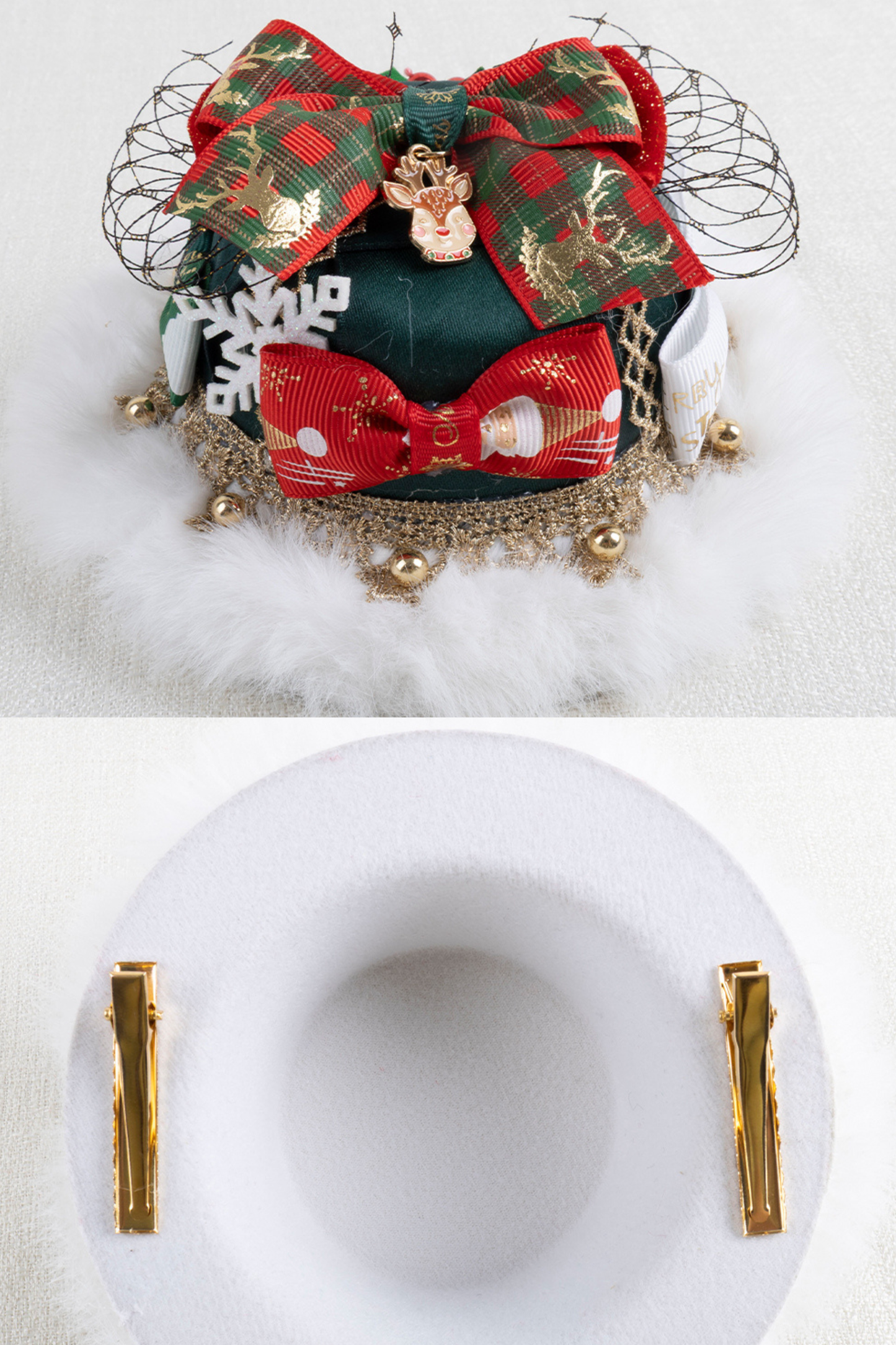 クリスマスチェックヘアーオーナメントリボンクリップ+ハットクリップ+ヘアバンド