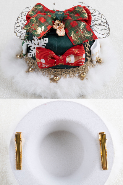クリスマスチェックヘアーオーナメントリボンクリップ+ハットクリップ+ヘアバンド