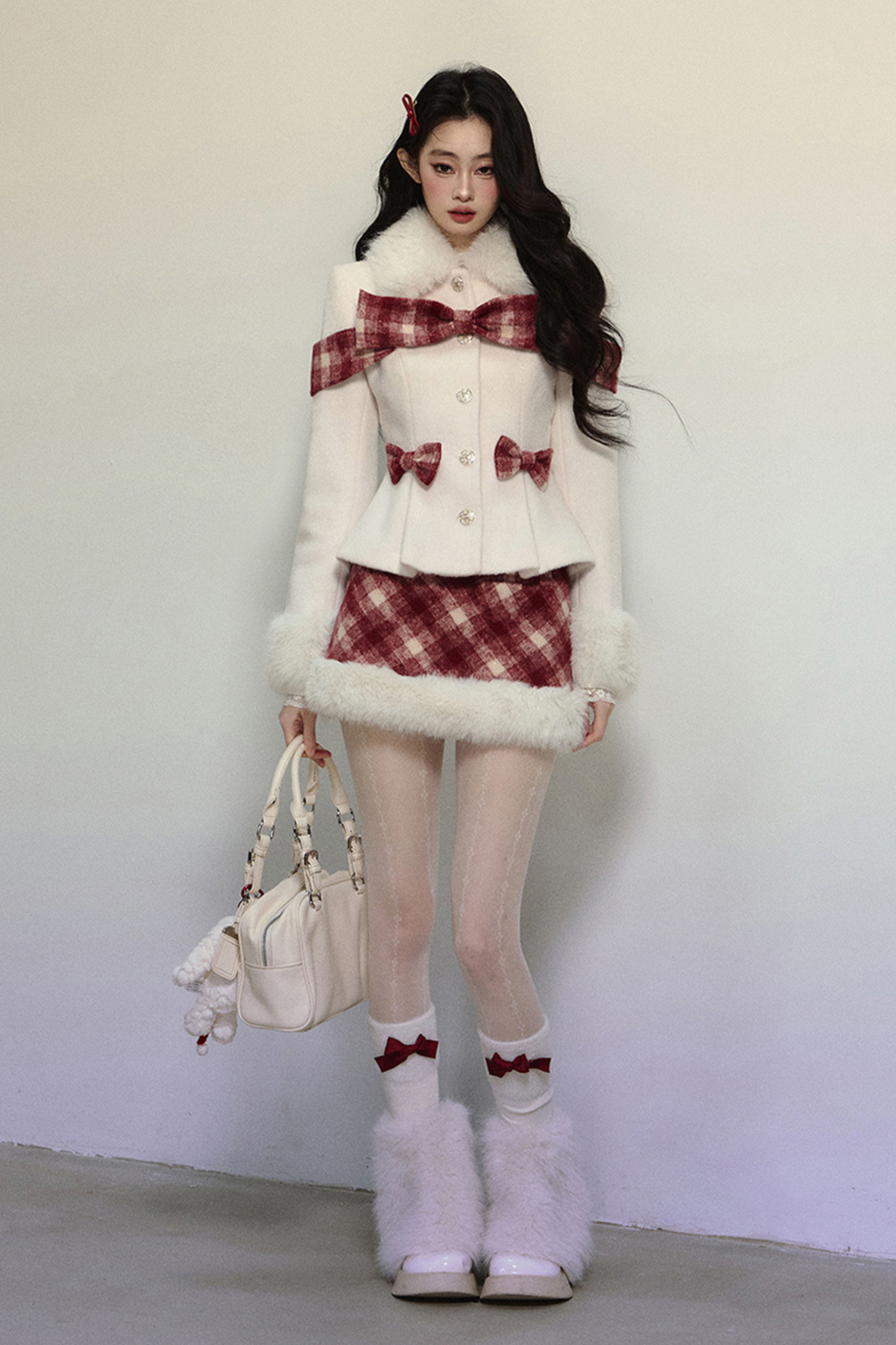 Check Ribbon Coat + Fur Check Skirt