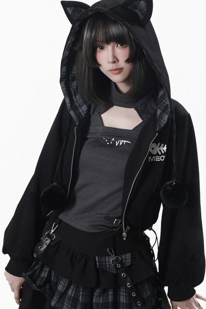 貓耳外套+蛋糕裙+上衣+條紋腿套