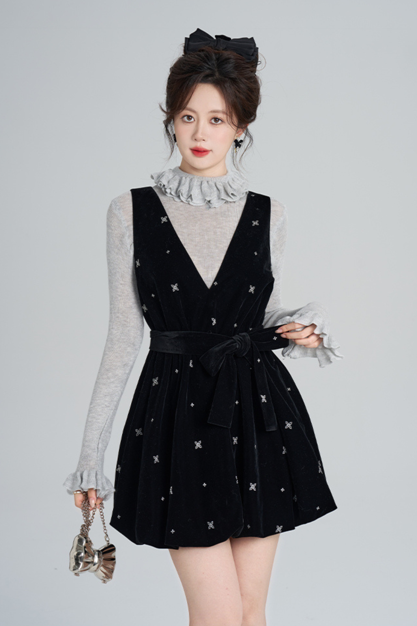 フレンチブラックベルベットリボンバルーンドレス