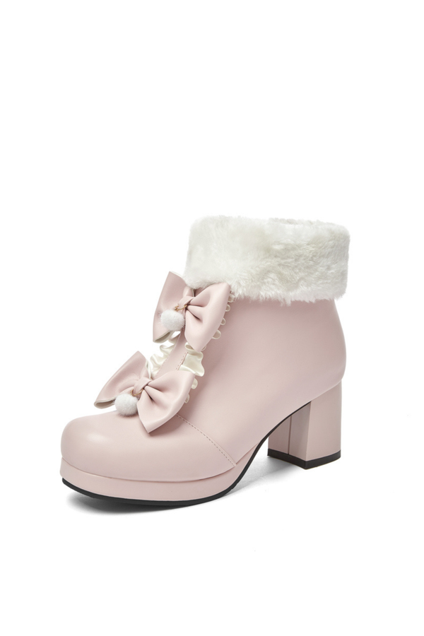 Double Ribbon Fur Short Boots