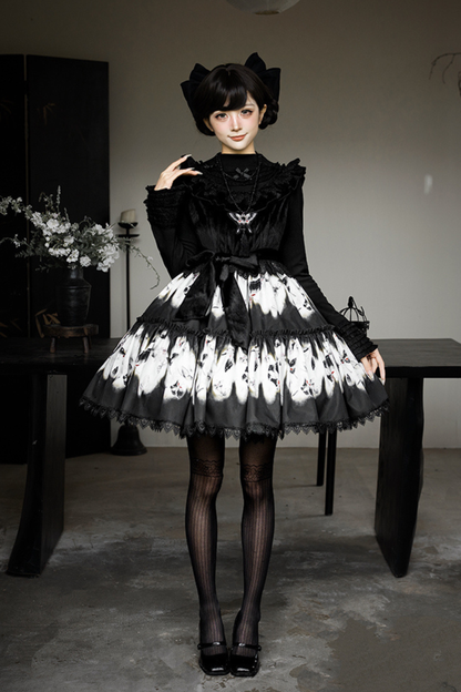 シックバタフライプリントスイングロリータドレス+ジャンパースカート+ヘアバンド+インナー+リボン