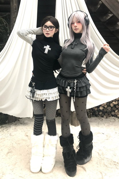 クロスドットタートルネックトップス+スカート+ペンダント