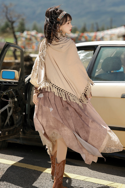 サンセット民族フードケープ+サスペンダースカート+トップス