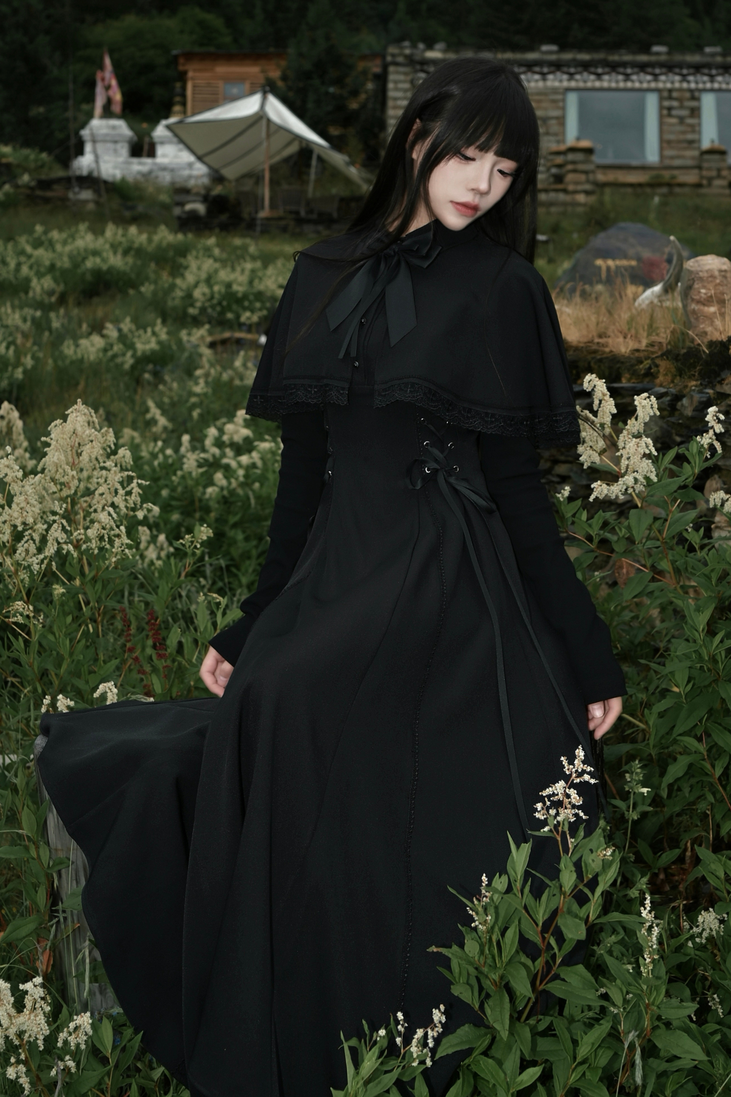 French cape dark dress