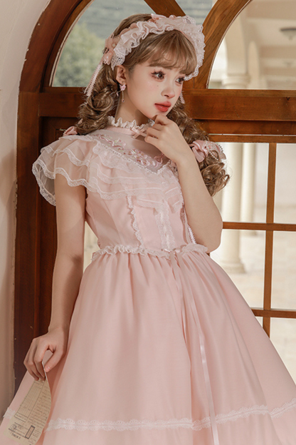 Cherry blossom color sweet princess Lolita dress + doll color top + sheer cardigan + apron